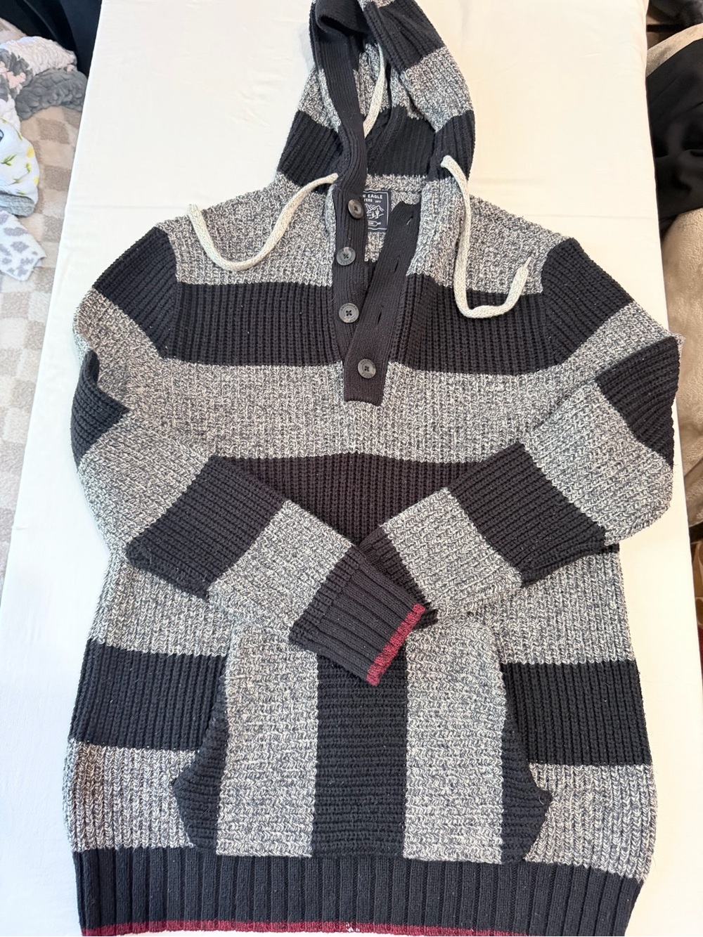 Men's American Eagle Hooded Knit Sweater - Black and Gray Stripes